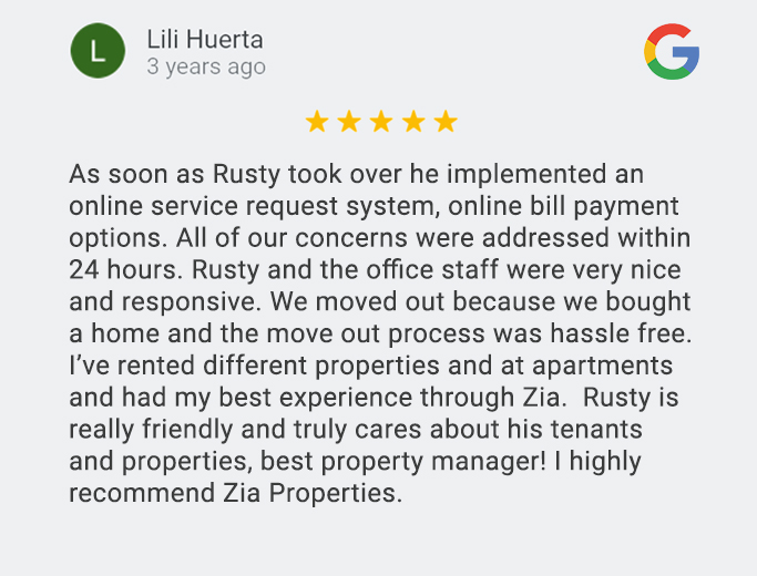 Screenshot image of google review from Elena Sosa (4 years old).  Five Stars.  Fell in love with a house to rent.  Met with Rusty and he showed me the house.  One week later I was in.  Great person to work with and his staff is so helpful.  I look at a dozen properties to rent nothing compared to this property or its management team. Feel very grateful I can call this place my home!  Thankyou Rusty.