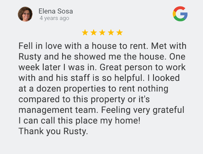 Screenshot image of google review from Lili Huerta (3 years old).  Text of review abridged to include key points.  Five Stars.  As soon as Rusty took over he implement an online service request system, online bill payment options.  All of our concerns were addressed within 24 hours. Rusty and the office staff were very nice and responsive.  Rusty is really friendly and truly careas about his tenants and properties.  I highly recommend Zia Properties.